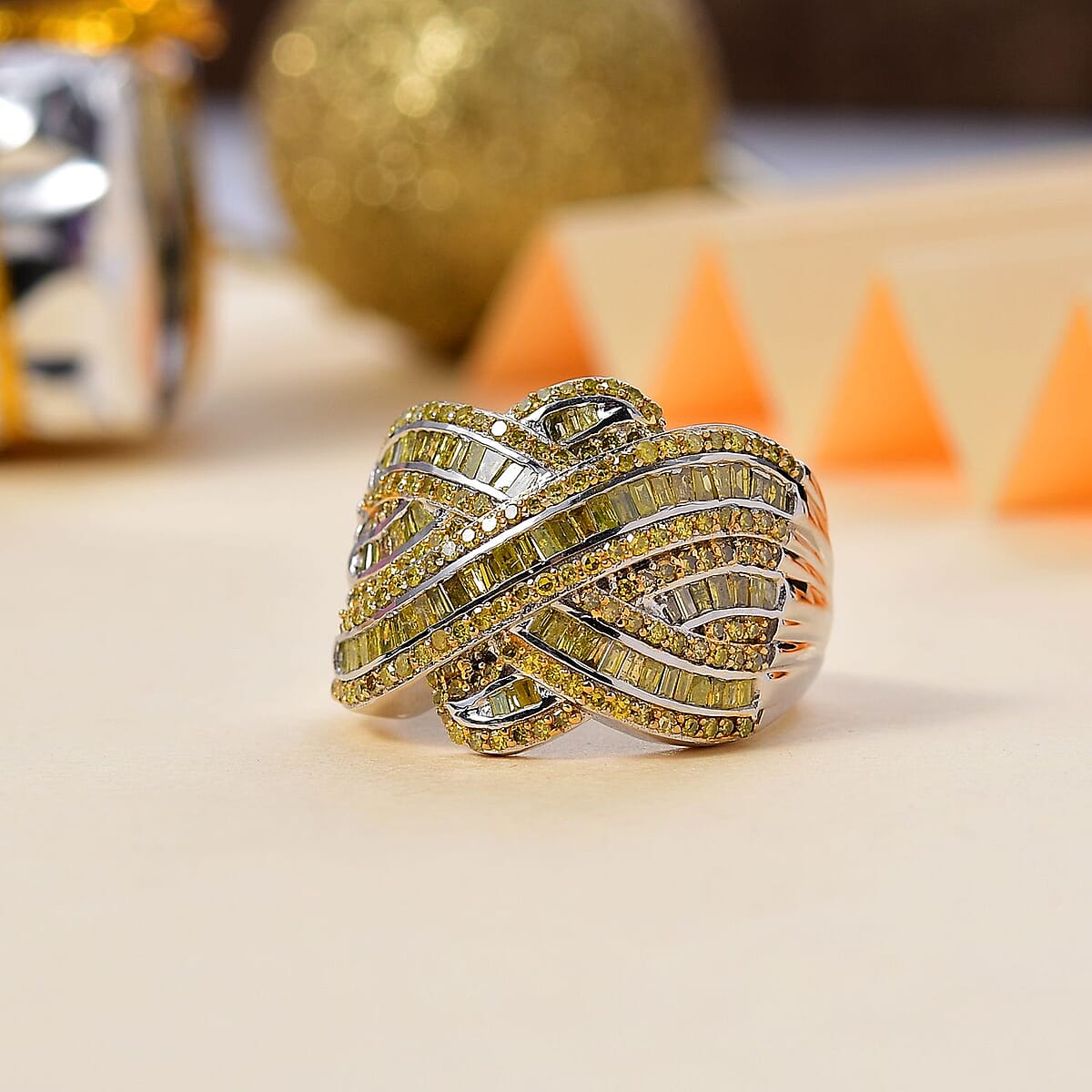 D'Joy Yellow Diamond 1.50 ctw Criss Cross Ring in Rhodium Over Sterling Silver (Size 10.0) image number 1