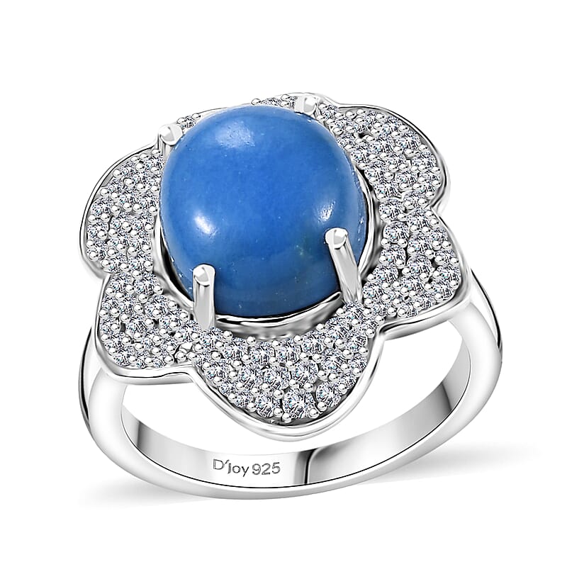 D'Joy Ceruleite and White Zircon 5.40 ctw Flower Ring in Rhodium Over Sterling Silver (Size 10.0)
