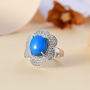 D'Joy Ceruleite and White Zircon 5.40 ctw Flower Ring in Rhodium Over Sterling Silver (Size 10.0)