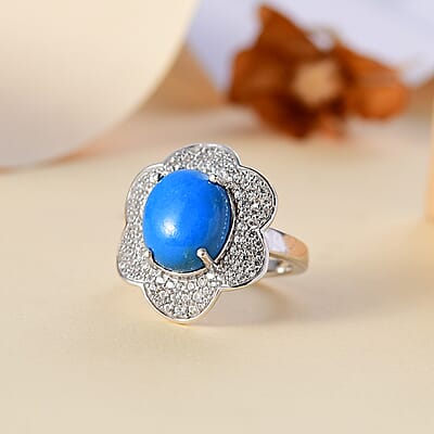 D'Joy Ceruleite and White Zircon 5.40 ctw Flower Ring in Rhodium Over Sterling Silver (Size 10.0)