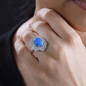 D'Joy Ceruleite and White Zircon 5.40 ctw Flower Ring in Rhodium Over Sterling Silver (Size 6.0)