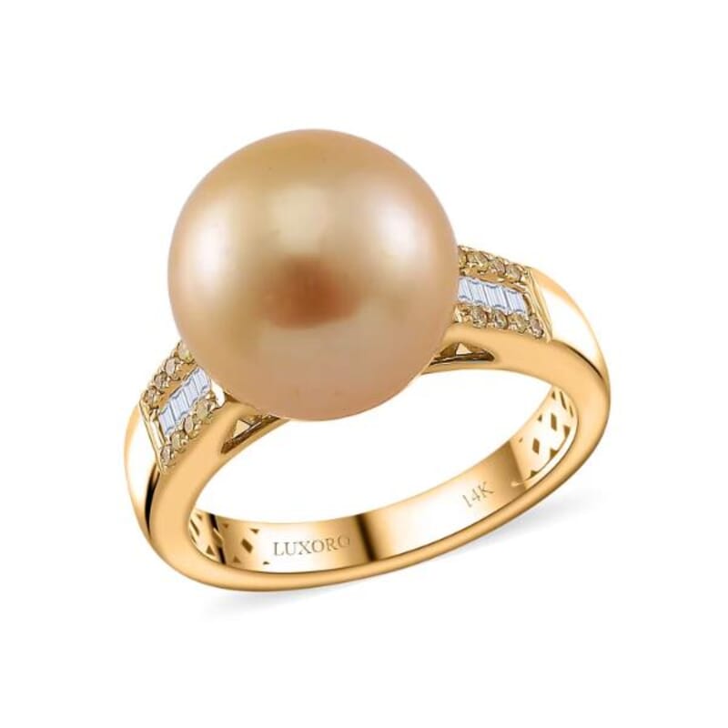 Luxoro South Sea Golden Cultured Pearl, Natural Yellow and White Diamond 0.12 ctw Ring in 14K Yellow Gold (Size 10.0)