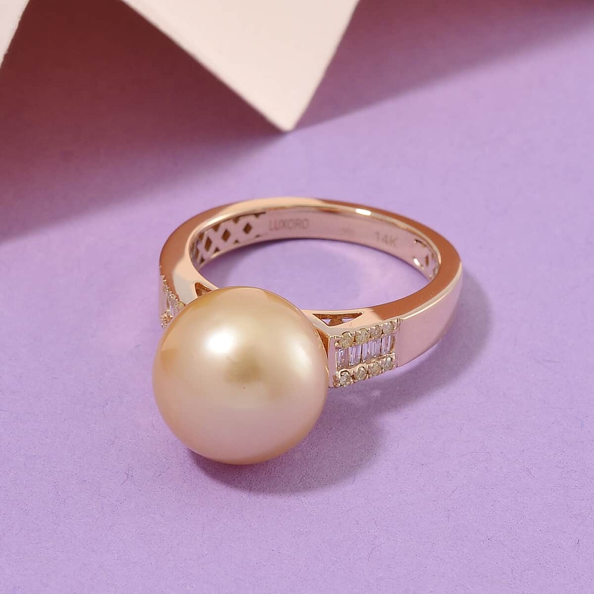 Luxoro South Sea Golden Cultured Pearl, Natural Yellow and White Diamond 0.12 ctw Ring in 14K Yellow Gold (Size 10.0) image number 1