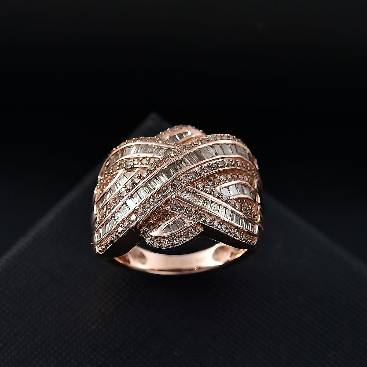 Natural Champagne Diamond 1.50 ctw Criss Cross Ring in 18K Vermeil Rose Gold Over Sterling Silver (Size 6.0) image number 1