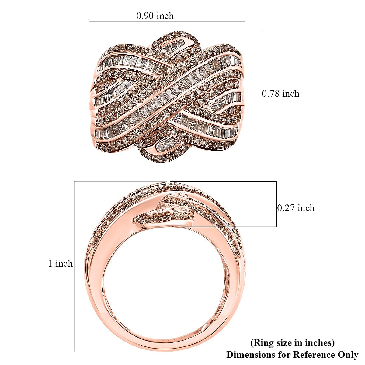 Natural Champagne Diamond 1.50 ctw Criss Cross Ring in 18K Vermeil Rose Gold Over Sterling Silver (Size 7.0) image number 5