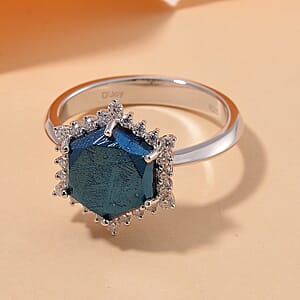 Marvelous Meteorite and Moissanite 0.30 ctw Blue Moon Ring in Rhodium Over Sterling Silver (Size 10.0)