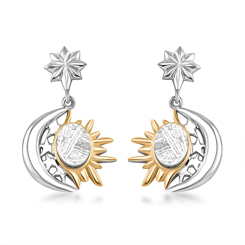 Marvelous Meteorite Sun & Crescent Moon Earrings in 18K Vermeil YG and Rhodium Over Sterling Silver