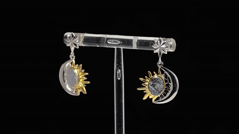 Marvelous Meteorite Sun & Crescent Moon Earrings in 18K Vermeil YG and Rhodium Over Sterling Silver