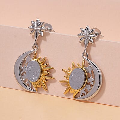 Marvelous Meteorite Sun & Crescent Moon Earrings in 18K Vermeil YG and Rhodium Over Sterling Silver