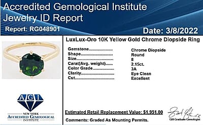 Certified & Appraised Luxoro AAA Chrome Diopside 2.15 ctw Solitaire Ring in 10K Yellow Gold (Size 6.5) 