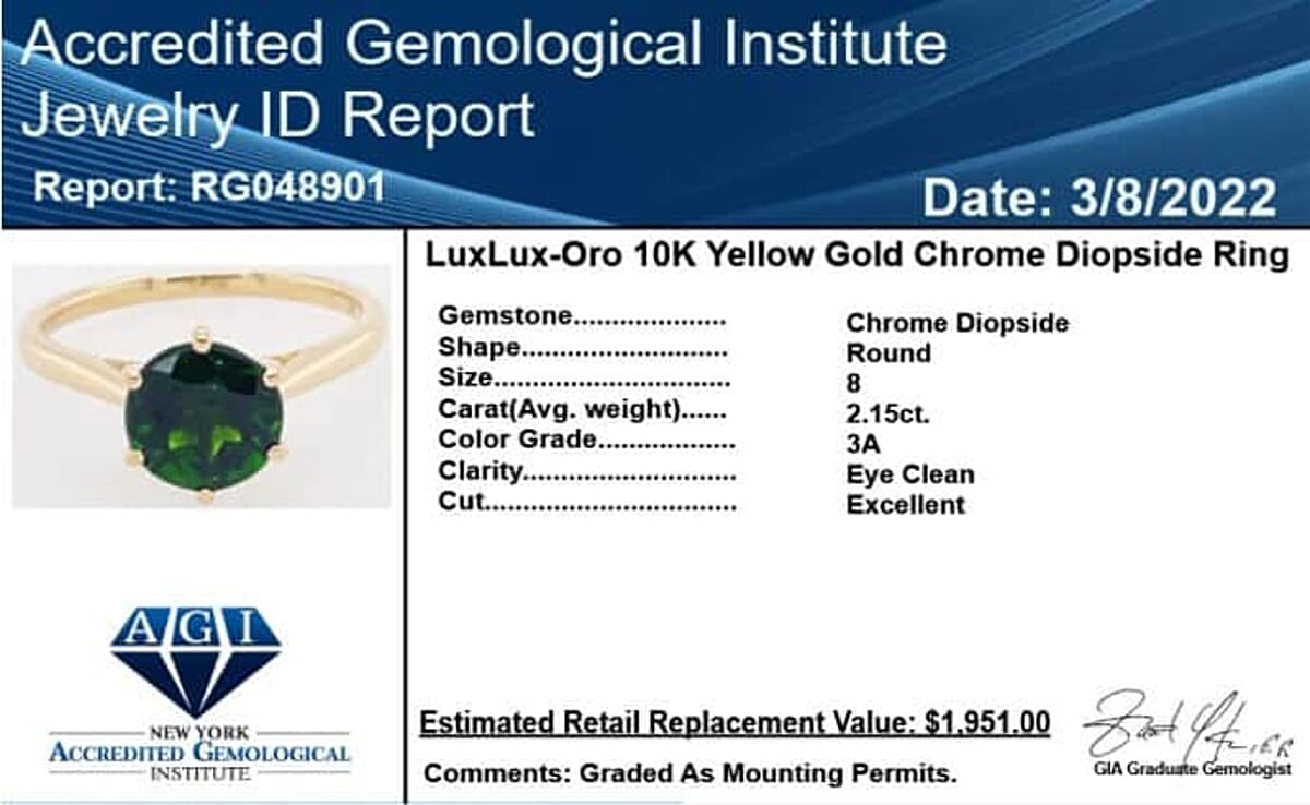 Certified & Appraised Luxoro AAA Chrome Diopside 2.15 ctw Solitaire Ring in 10K Yellow Gold (Size 11.0)  image number 5