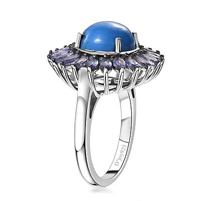 Ceruleite and Multi Gemstone 5.10 ctw Sunflower Ring in Rhodium Over Sterling Silver (Size 10.0)