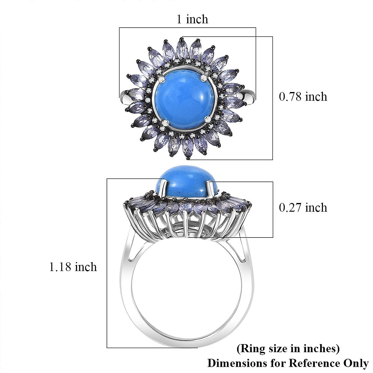 Ceruleite and Multi Gemstone 5.10 ctw Sunflower Ring in Rhodium Over Sterling Silver (Size 10.0)
