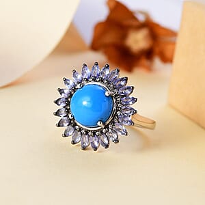 D'Joy Ceruleite and Multi Gemstone 5.10 ctw Sunflower Ring in Rhodium Over Sterling Silver (Size 7.0)