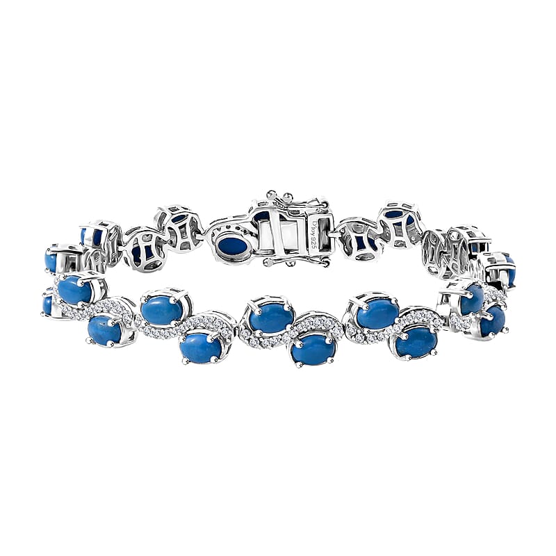 D'Joy Ceruleite and White Zircon 11.00 ctw Sea Wave Bracelet in Rhodium Over Sterling Silver (7.25 In)