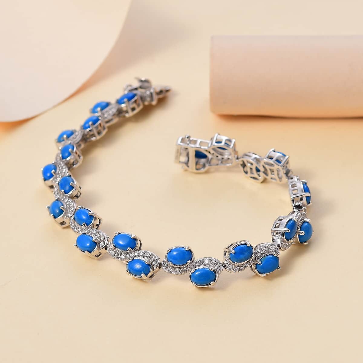 Premium Ceruleite, White Zircon Sky Petal Bracelet in Rhodium Over Sterling Silver (7.25 In) 11.00 ctw image number 1