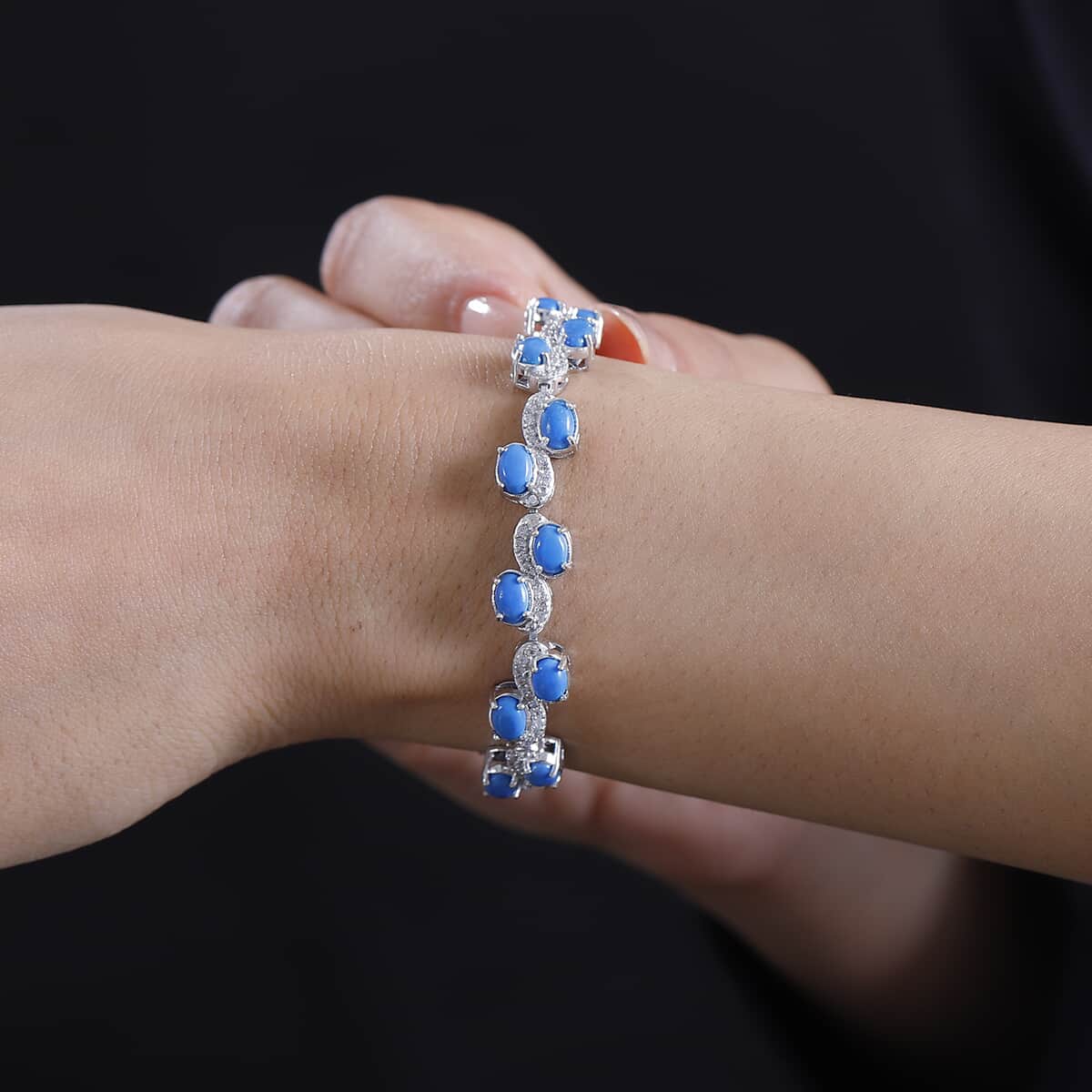 Premium Ceruleite, White Zircon Sky Petal Bracelet in Rhodium Over Sterling Silver (7.25 In) 11.00 ctw image number 2