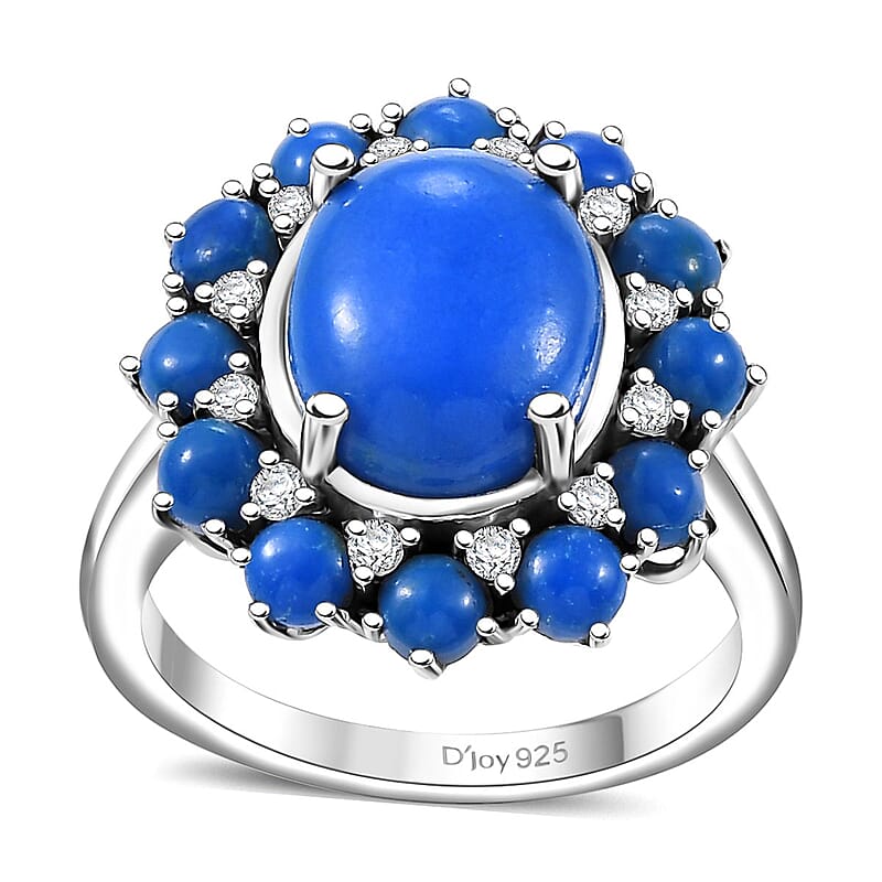 Ceruleite and Moissanite 5.50 ctw Dahlia Flower Ring in Rhodium Over Sterling Silver (Size 10.0)