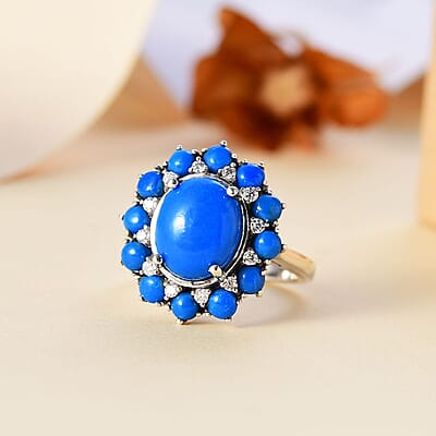 Ceruleite and Moissanite 5.50 ctw Dahlia Flower Ring in Rhodium Over Sterling Silver (Size 10.0)