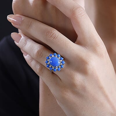 Ceruleite and Moissanite 5.50 ctw Dahlia Flower Ring in Rhodium Over Sterling Silver (Size 10.0)