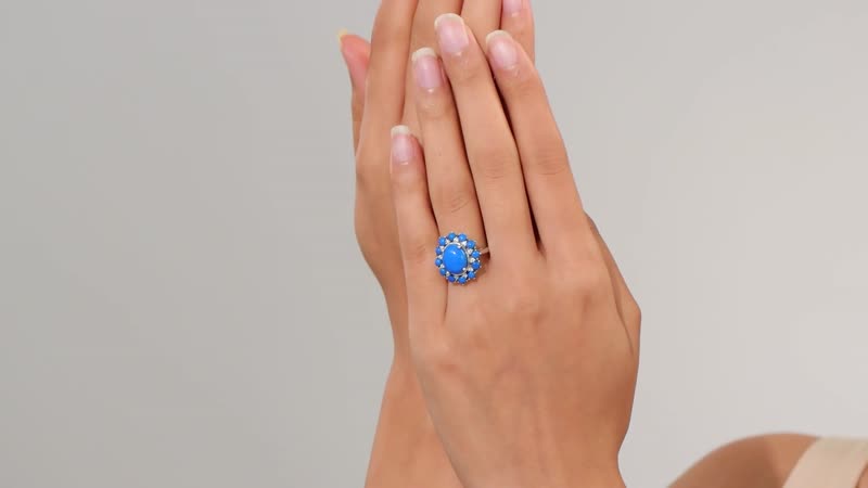 Ceruleite, Moissanite Dahlia Flower Ring in Rhodium Over Sterling Silver (Size 10.0) (Del. in 8-10 Days) 5.50 ctw