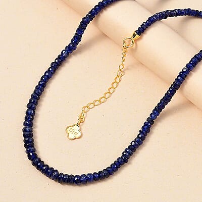 D'Joy Madagascar Blue Sapphire 100.00 ctw Beaded Graduated Necklace in 18K Vermeil Yellow Gold Over Sterling Silver 18 Inches