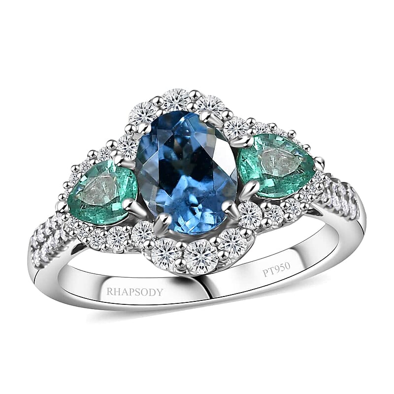 Certified & Appraised Rhapsody AAAA Santa Maria Aquamarine, Boyaca Colombian Emerald and E-F VS Diamond 2.00 ctw Ring in 950 Platinum (Size 9.5) 5.90 Grams