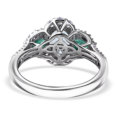 Certified & Appraised Rhapsody AAAA Santa Maria Aquamarine, Boyaca Colombian Emerald and E-F VS Diamond 2.00 ctw Ring in 950 Platinum (Size 9.5) 5.90 Grams