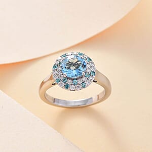 Certified & Appraised Rhapsody AAAA Santa Maria Aquamarine, Paraiba Tourmaline and E-F VS Diamond 1.50 ctw Double Halo Ring in 950 Platinum (Size 6.5) 6.22 Grams