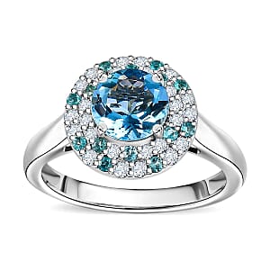 Certified & Appraised Rhapsody AAAA Santa Maria Aquamarine, Paraiba Tourmaline and E-F VS Diamond 1.50 ctw Double Halo Ring in 950 Platinum (Size 7.5) 6.22 Grams