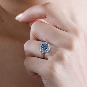 Certified & Appraised Rhapsody AAAA Santa Maria Aquamarine, Paraiba Tourmaline and E-F VS Diamond 1.50 ctw Double Halo Ring in 950 Platinum (Size 7.5) 6.22 Grams