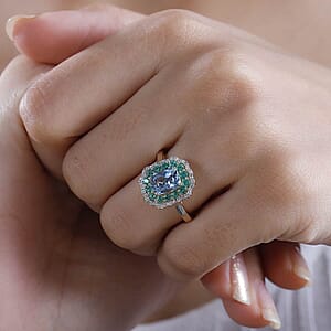 Certified & Appraised Luxoro AAA Santa Maria Aquamarine, Boyaca Colombian Emerald and I2 Diamond 1.95 ctw Ring in 14K Yellow Gold (Size 8.5) 