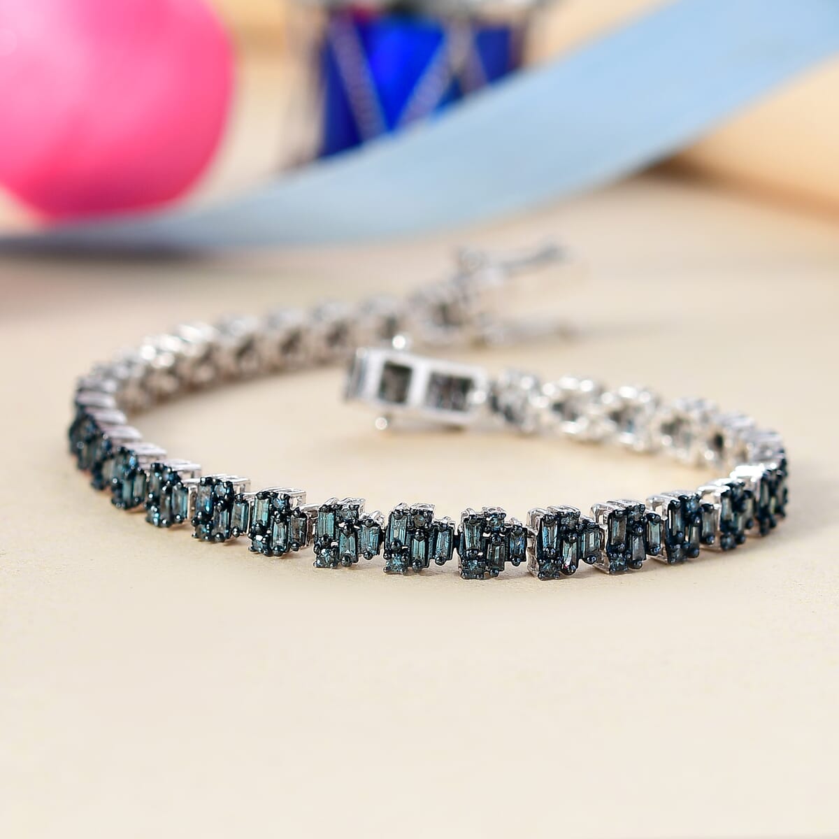 Blue Diamond 4.00 ctw Art Deco Bracelet in Rhodium Over Sterling Silver (7.25 In) image number 1