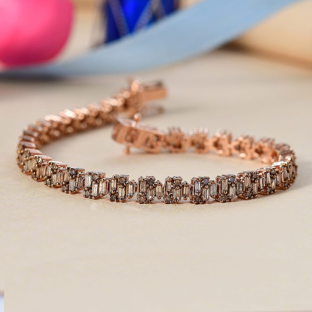 Natural Champagne Diamond 4.00 ctw Art Deco Bracelet in 18K Vermeil Rose Gold Over Sterling Silver (7.25 In) image number 1
