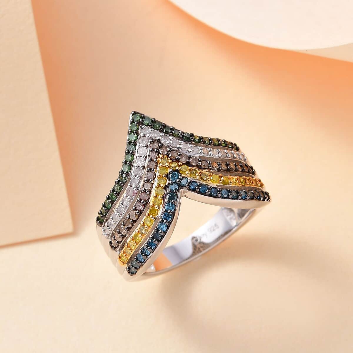 Doorbuster Multi Diamond (Natural & IR) Chevron Ring in Rhodium Over Sterling Silver (Size 10.0) 0.90 ctw image number 1