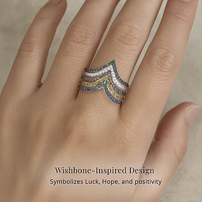 D'Joy Multi Diamond 1.00 ctw Chevron Ring in Rhodium Over Sterling Silver (Size 7.0)