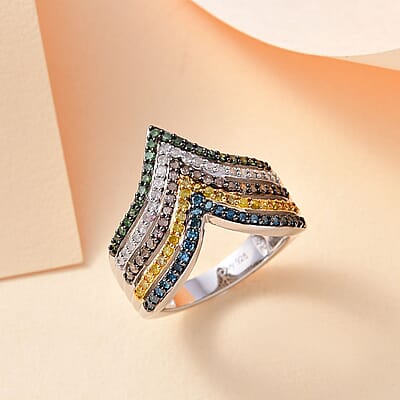 D'Joy Multi Diamond 1.00 ctw Chevron Ring in Rhodium Over Sterling Silver (Size 8.0)