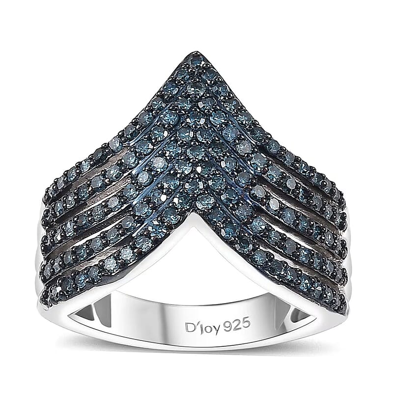 D'Joy Blue Diamond 0.90 ctw Chevron Ring in Rhodium Over Sterling Silver (Size 10.0)