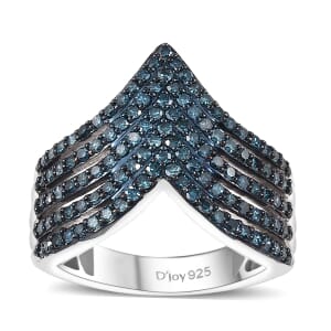 Blue Diamond 0.90 ctw Chevron Ring in Rhodium Over Sterling Silver (Size 6.0)