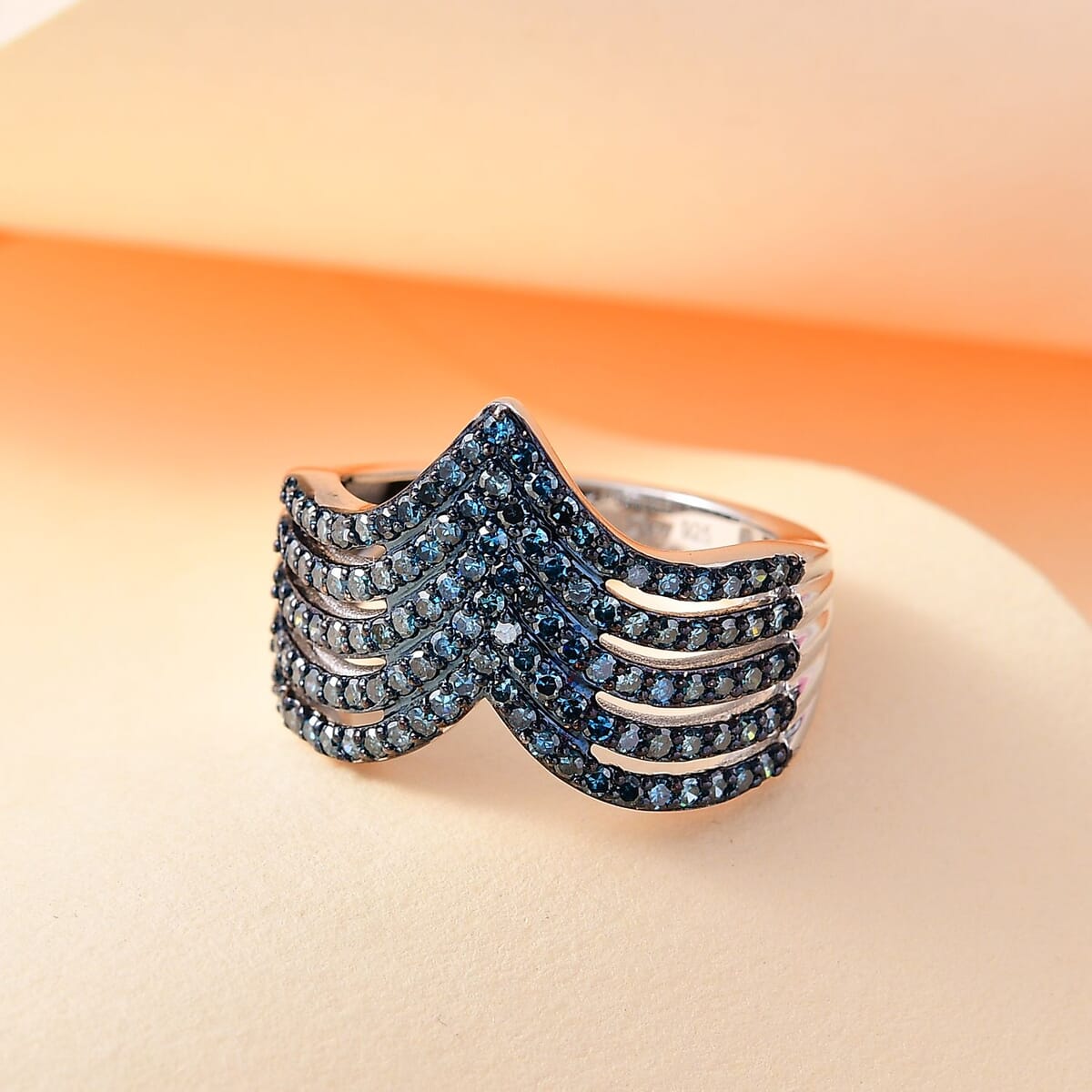 Blue Diamond 0.90 ctw Chevron Ring in Rhodium Over Sterling Silver (Size 6.0) image number 1