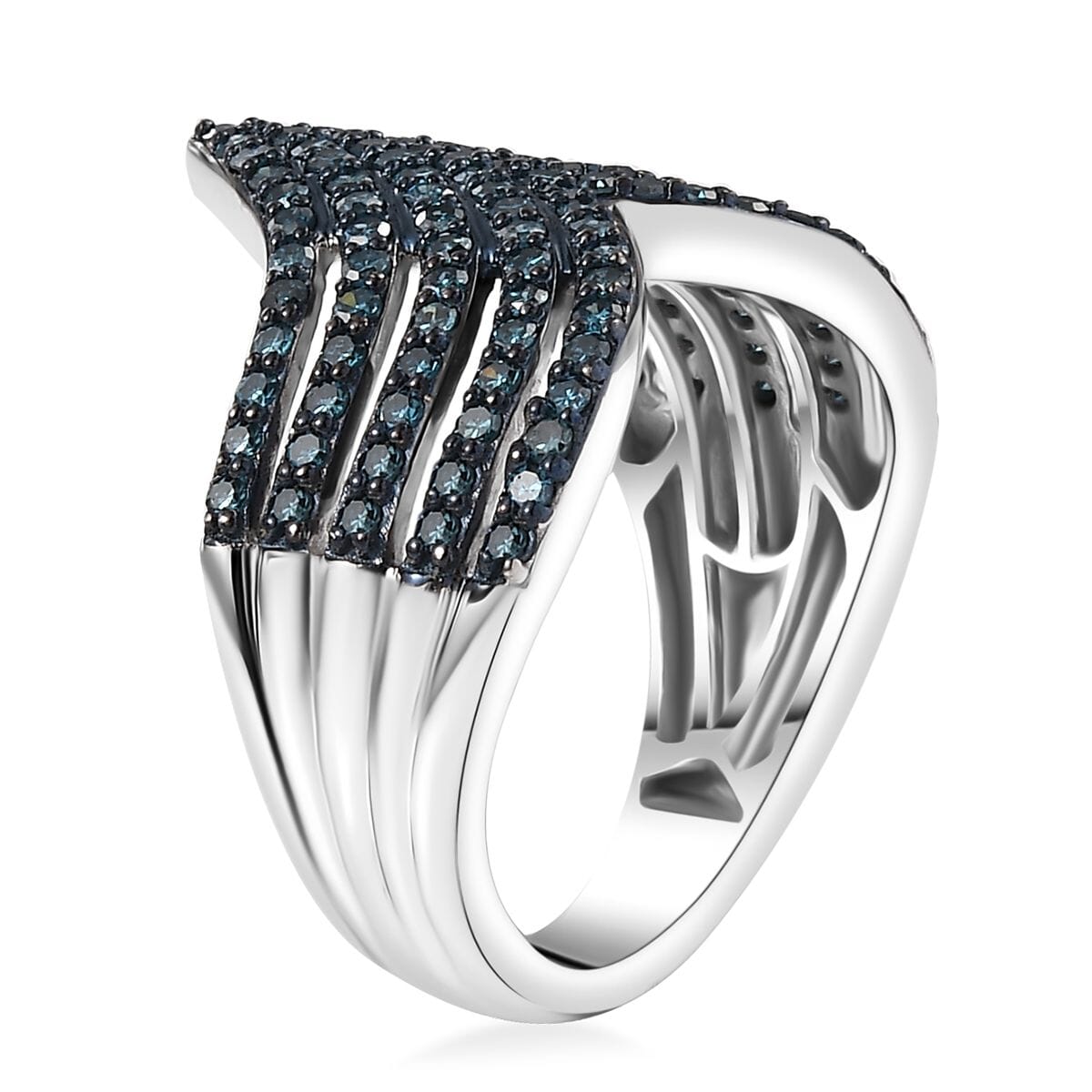 Blue Diamond 0.90 ctw Chevron Ring in Rhodium Over Sterling Silver (Size 6.0) image number 3