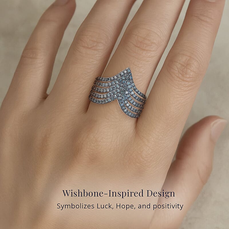 D'Joy Blue Diamond 0.90 ctw Chevron Ring in Rhodium Over Sterling Silver (Size 6.0)