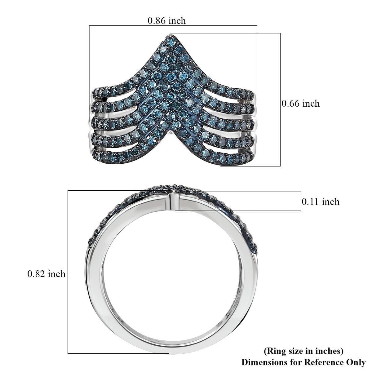 Blue Diamond 0.90 ctw Chevron Ring in Rhodium Over Sterling Silver (Size 6.0) image number 5