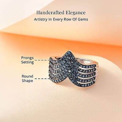 D'Joy Blue Diamond 0.90 ctw Chevron Ring in Rhodium Over Sterling Silver (Size 7.0)