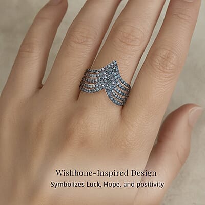 D'Joy Blue Diamond 1.00 ctw Chevron Ring in Rhodium Over Sterling Silver (Size 8.0)