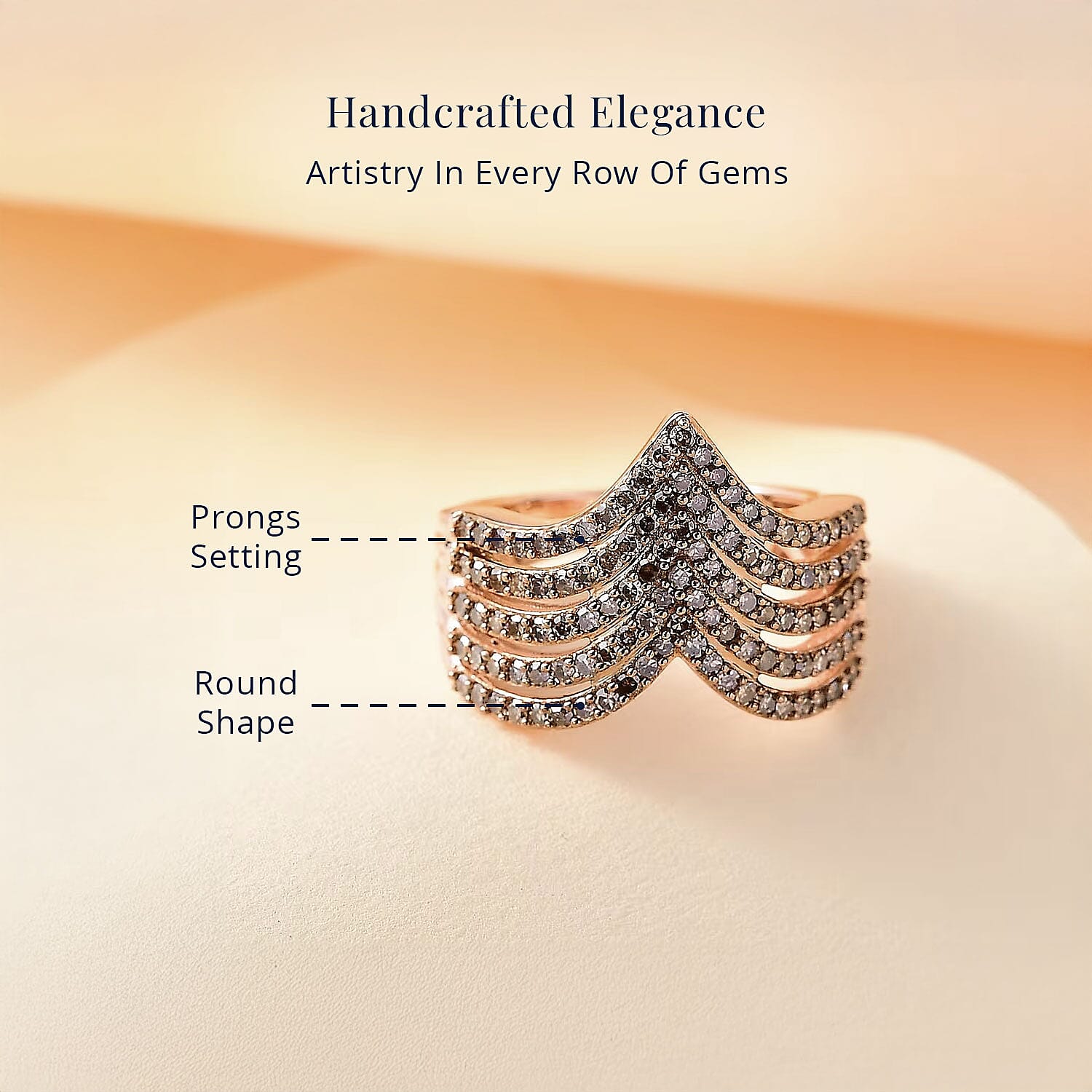 D'Joy Natural Champagne Diamond 1.00 ctw Chevron Ring in 18K Vermeil Rose Gold Over Sterling Silver (Size 7.0)