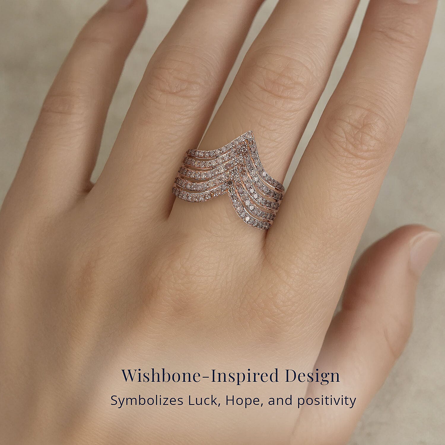 D'Joy Natural Champagne Diamond 1.00 ctw Chevron Ring in 18K Vermeil Rose Gold Over Sterling Silver (Size 7.0)
