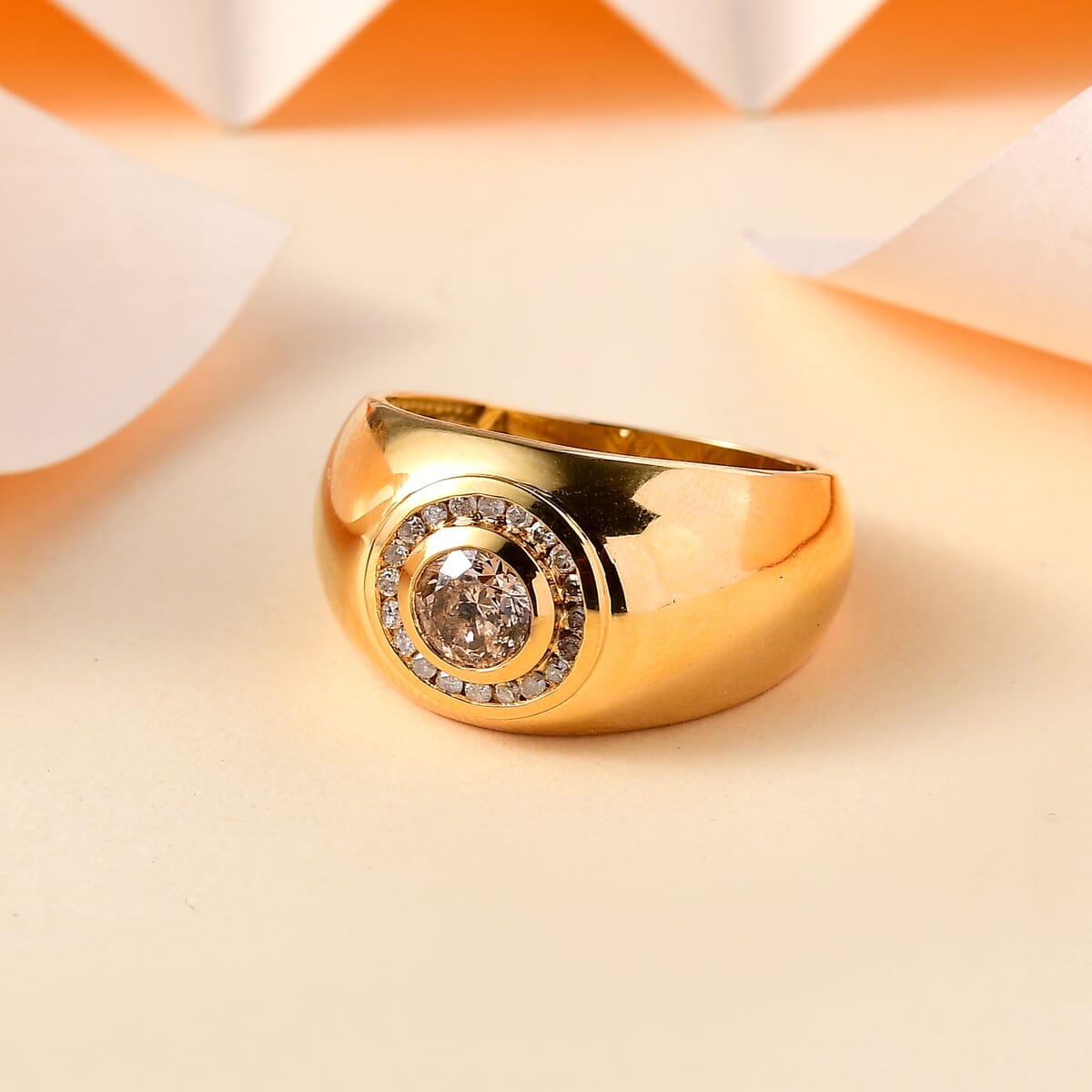 Natural Champagne and White Diamond 1.35 ctw Men's Ring in 18K Vermeil Yellow Gold Over Sterling Silver (Size 13.0) image number 1