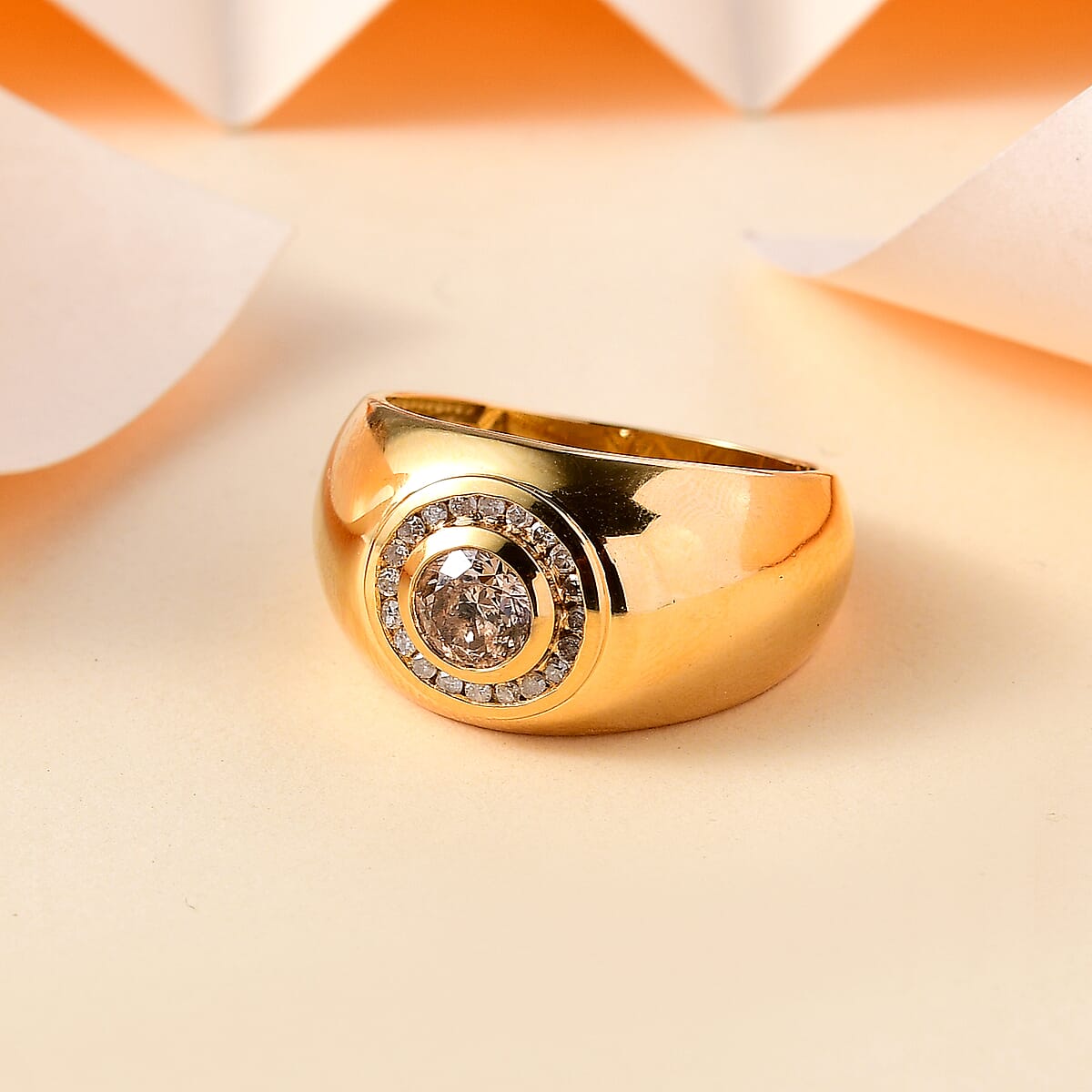 Natural Champagne and White Diamond 1.35 ctw Men's Ring in 18K Vermeil Yellow Gold Over Sterling Silver (Size 14.0) image number 1