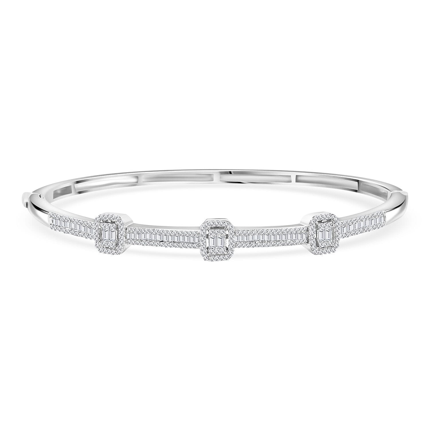 D'Joy White Diamond 1.00 ctw Art Deco Bangle Bracelet in Rhodium Over Sterling Silver (7.25 In)